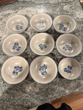 Set of 9 Cream Ceramic Bowls with Blue Floral Motif